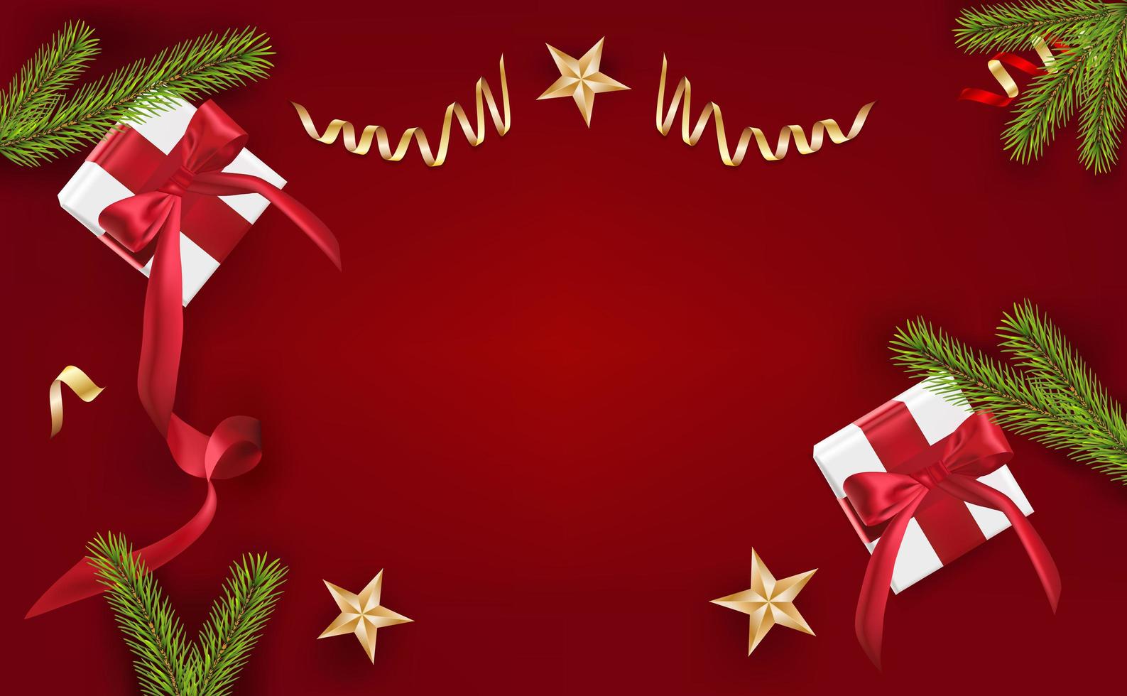 Frohes neues Jahr, dekorative Designelemente für Weihnachten mit Geschenkbox und rotem Lametta. horizontale Weihnachtsplakate, Grußkarten. Objekte von oben gesehen. flach liegen, Draufsicht vektor