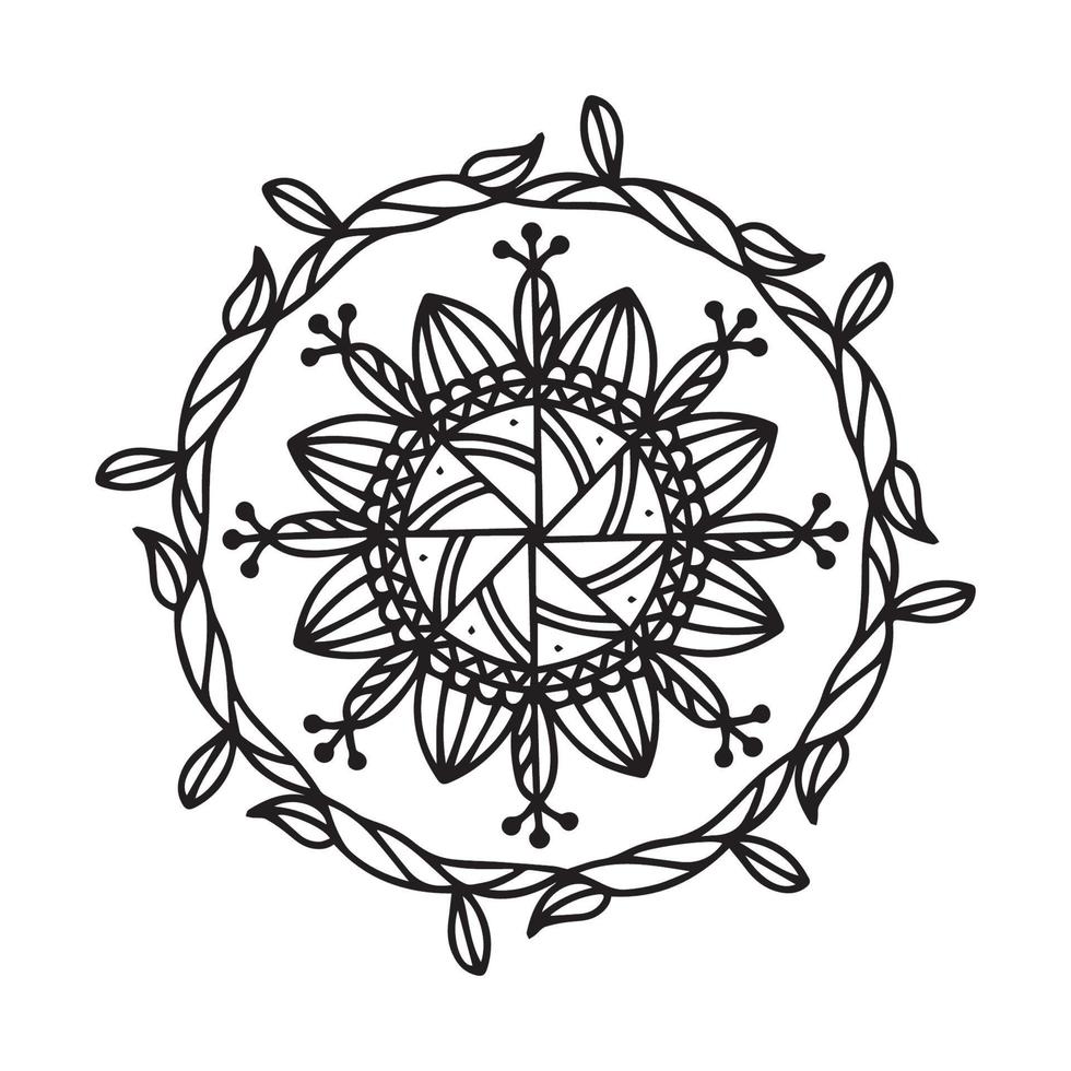 cirkulär mandala svart och vit mönster, dekorerad med bohemisk Häftigt mandala konst, henna blommor, mehndi rit och svartvit symmetrisk. färg bok sida mandal, anti-stress terapi. vektor