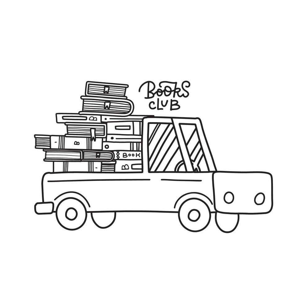 ein Stapel Bücher in einem Lastwagen. Buchclub-Malseite für Kinder. Online-Lieferkonzept. Lieferfahrzeug für Online-Buchhandlung. Doodle-Vektor-Illustration. vektor