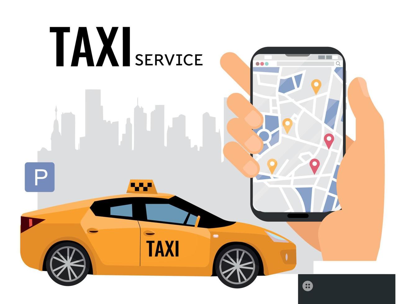 mobil stad transport vektor illustration begrepp. uppkopplad kallelse taxi med stor mannens hand med smartphone med karta.gul bil i förgrund av stad silhuett med parkering skylt.taxi service text