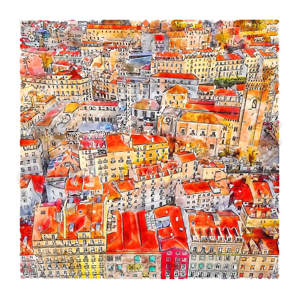 alfama lisboa portugal aquarellskizze handgezeichnete illustration vektor