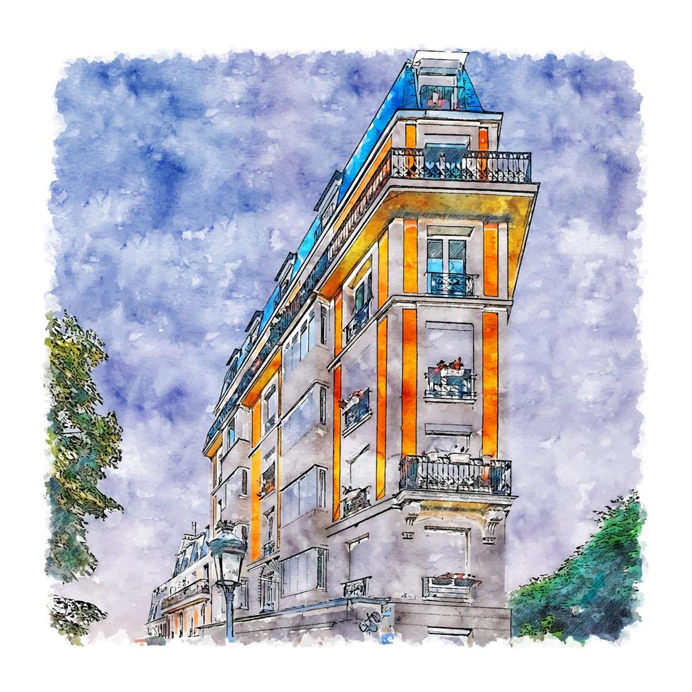 arkitektur paris frankrike akvarell skiss handritad illustration vektor