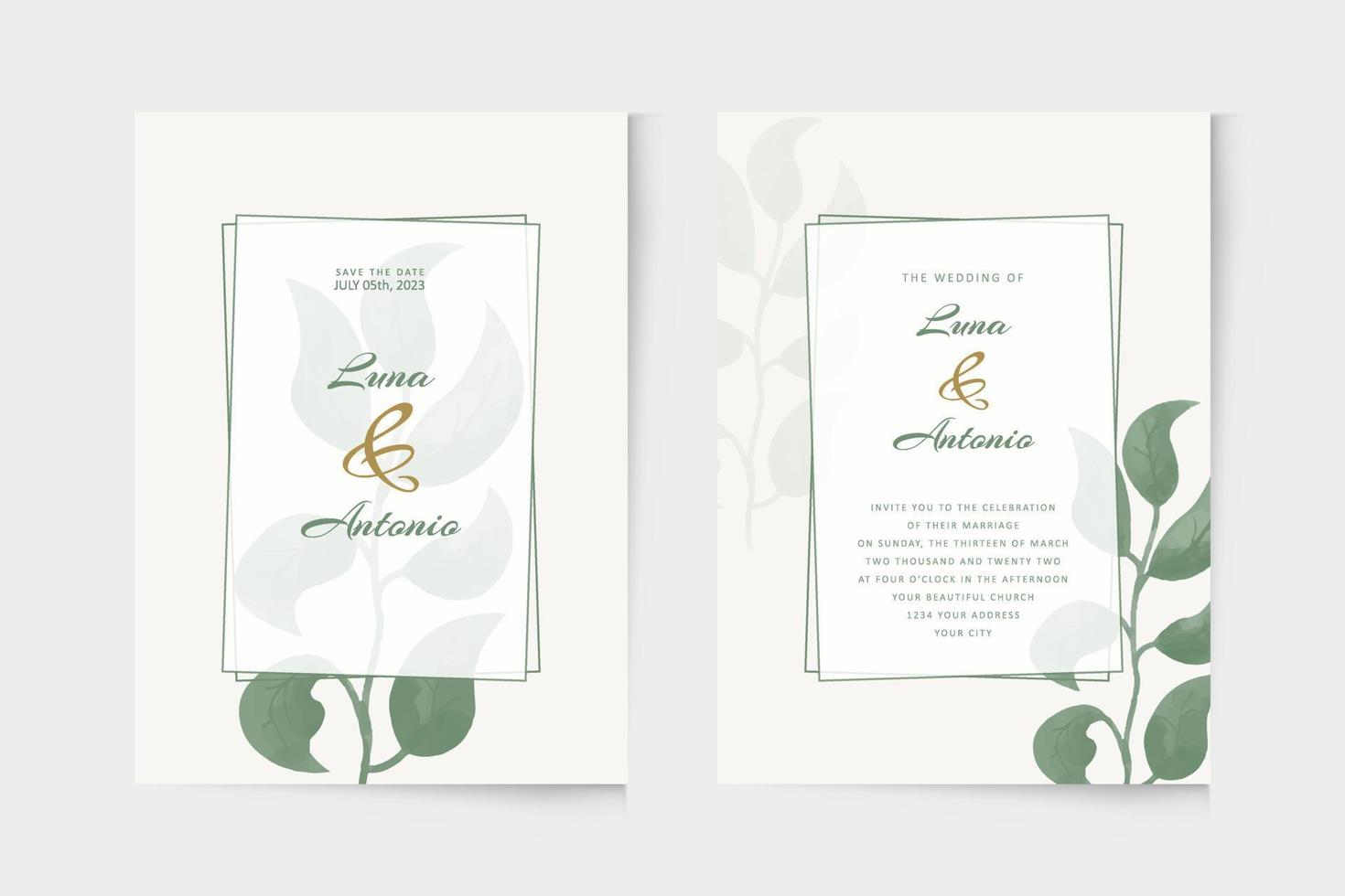 enkel bröllopsinbjudan mall med grön växt akvarell prydnad vektor