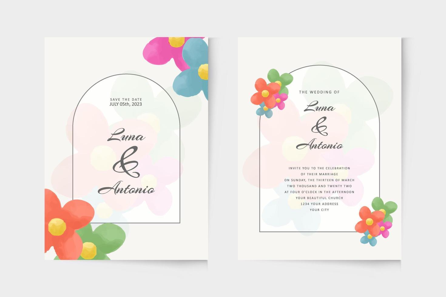 enkel bröllopsinbjudan mall med färgglada blommor akvarell prydnad vektor