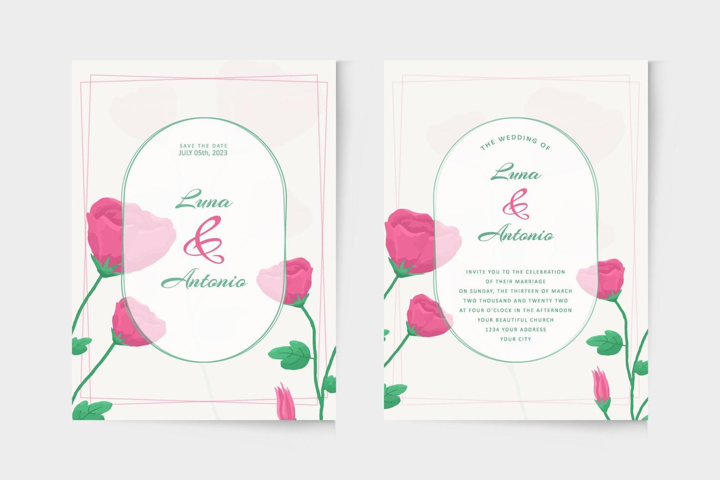 hochzeitseinladungsvorlage mit rosa rose aquarell vektor