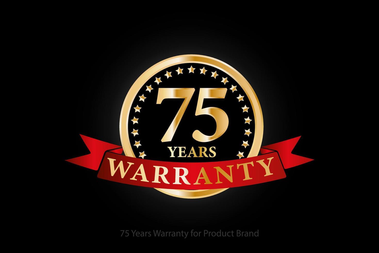 75 Jahre Garantie goldenes Logo mit Ring und rotem Band isoliert auf schwarzem Hintergrund, Vektordesign für Produktgarantie, Garantie, Service, Unternehmen und Ihr Unternehmen. vektor