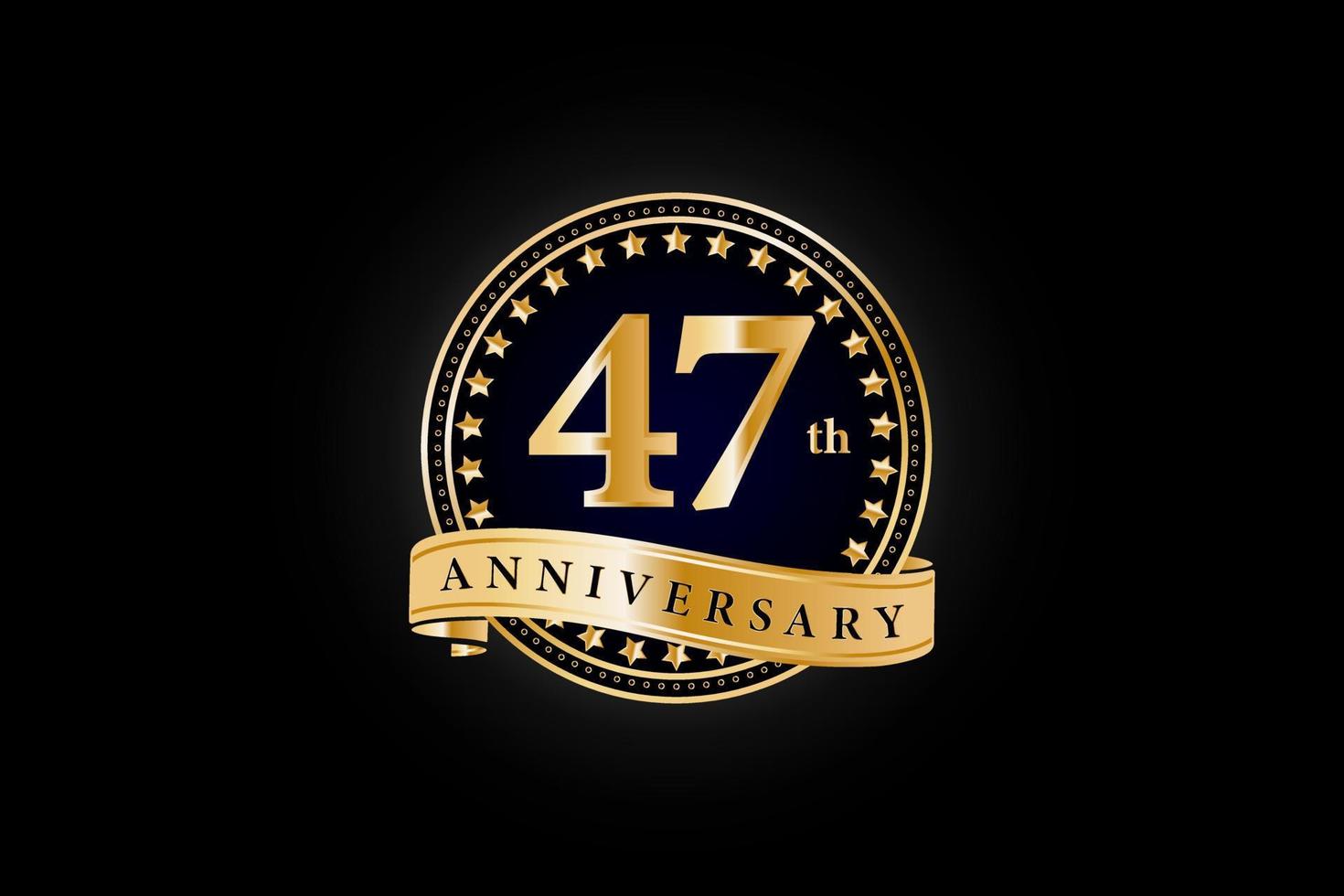 47: e årsdag gyllene guld logotyp med ringa och guld band isolerat på svart bakgrund, vektor design för firande.
