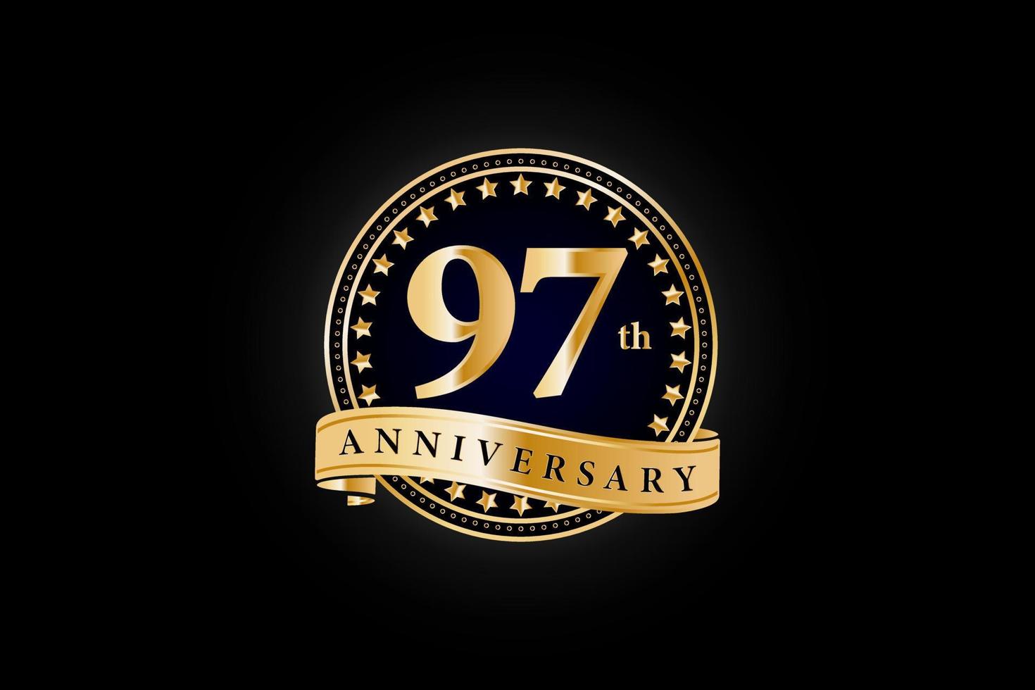 97: e årsdag gyllene guld logotyp med ringa och guld band isolerat på svart bakgrund, vektor design för firande.