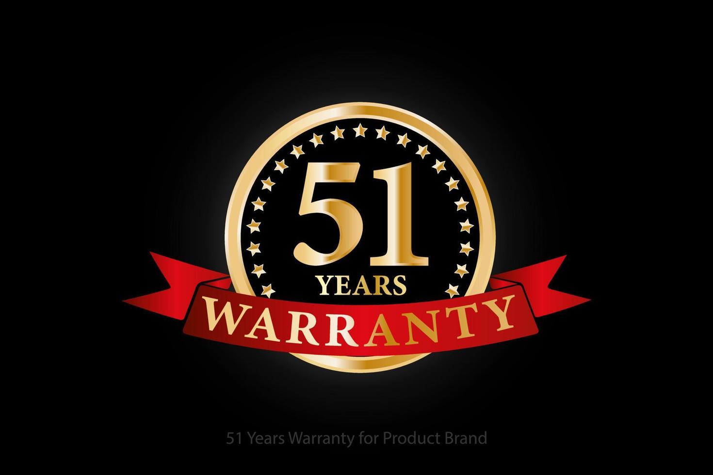 51 år gyllene garanti logotyp med ringa och röd band isolerat på svart bakgrund, vektor design för produkt garanti, garanti, service, företags, och din företag.