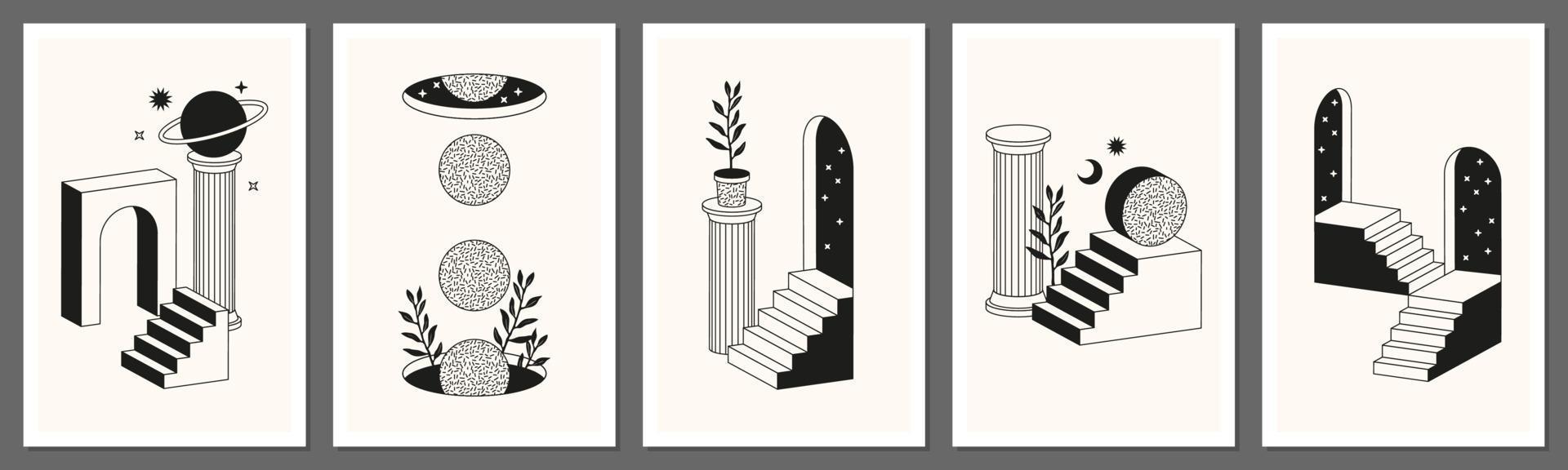 surreale abstrakte Poster und Karten im trendigen Minimal-Line-Art-Stil. Säulen, Treppen, Bogen, geometrische Formen. vektor