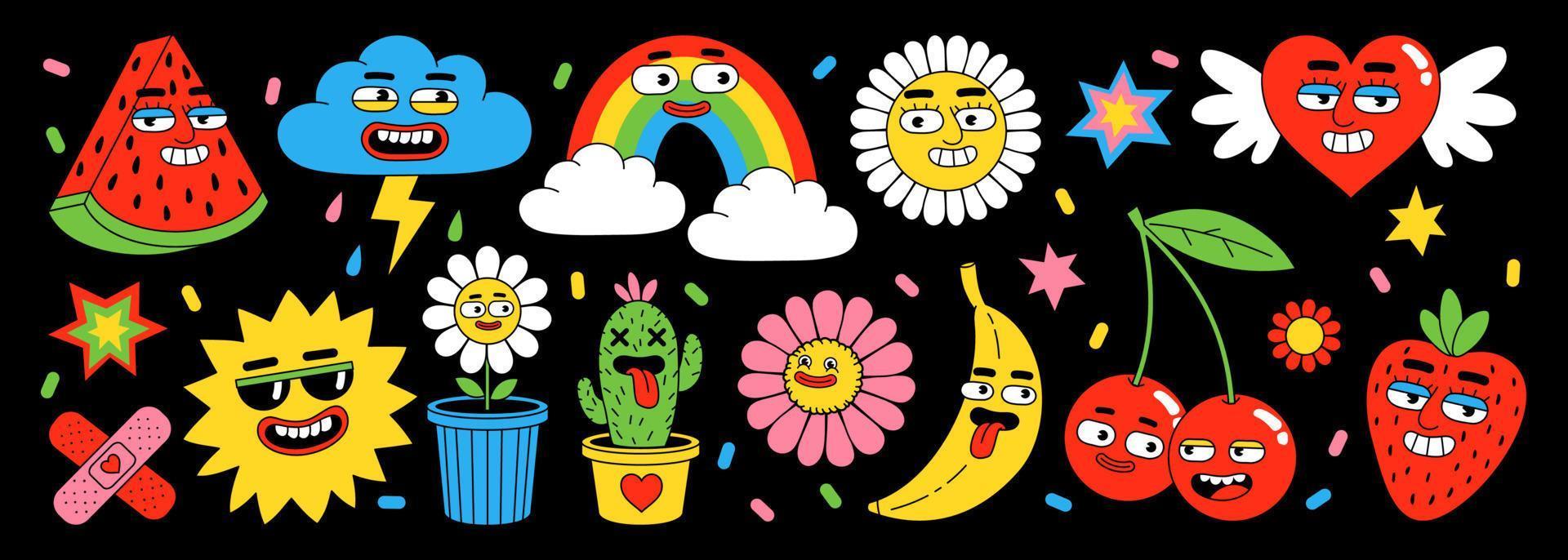 lustige Cartoon-Sticker-Packung. Herz, Früchte, Beeren, Regenbogen, Wolken, abstrakte Gesichter. vektor