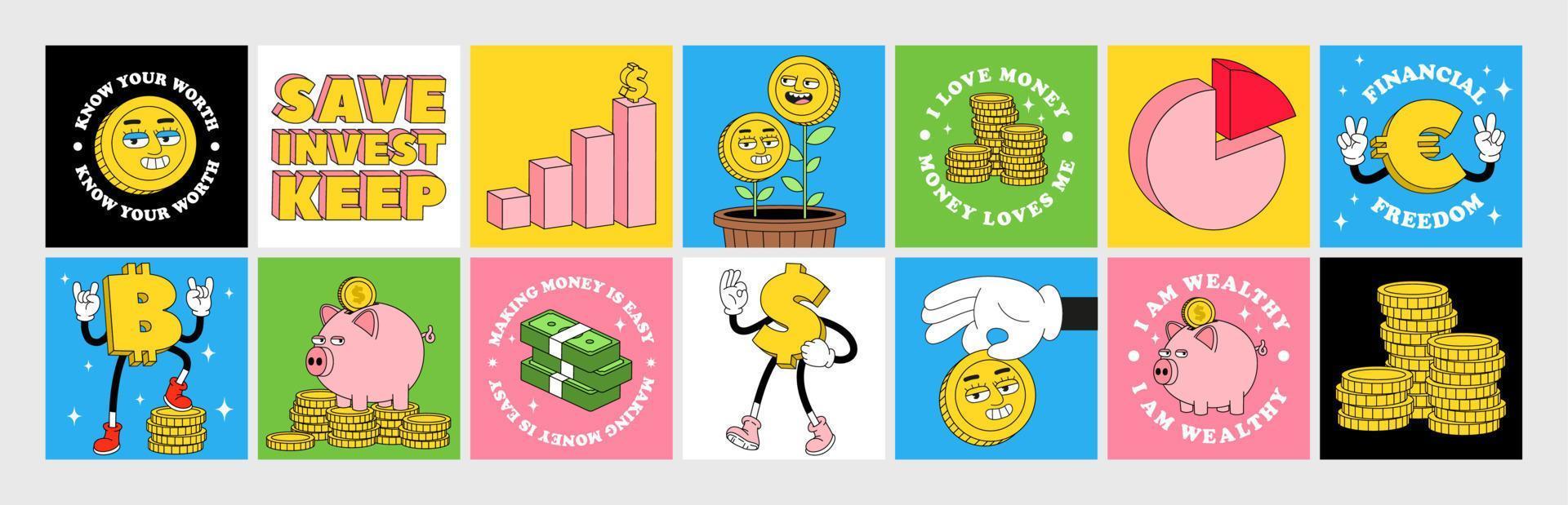 Finanzaufkleberpaket mit lustigen Zeichentrickfiguren, inspirierenden Zitaten über Geld. vektor