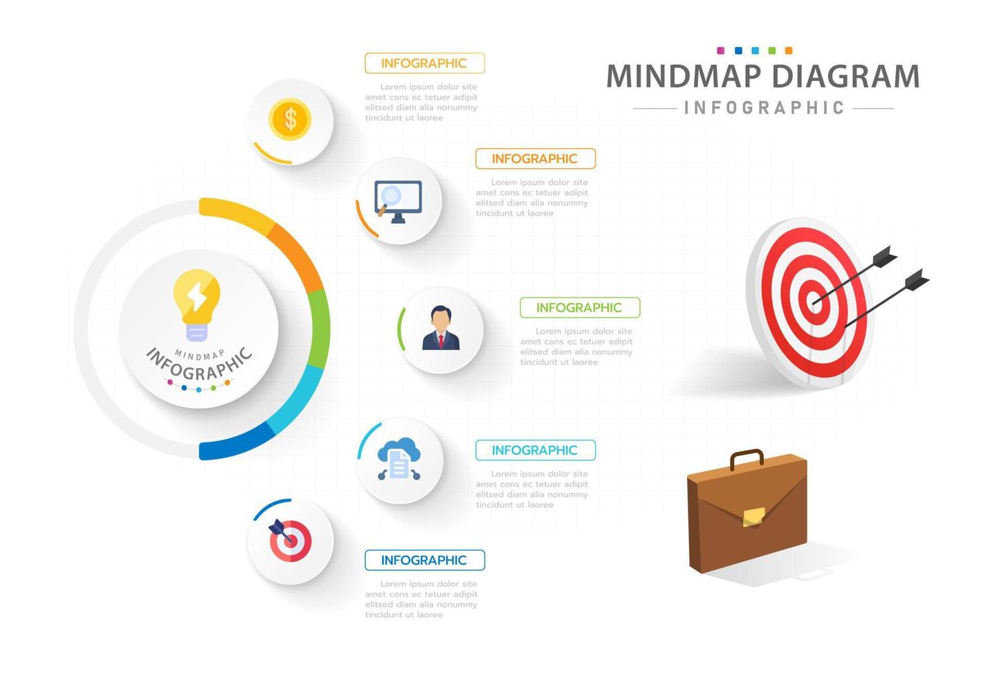 Infografik-Vorlage für Unternehmen. 5 Schritte modernes Mindmap-Diagramm mit Kreisen und Thementiteln, Präsentationsvektor-Infografik. vektor