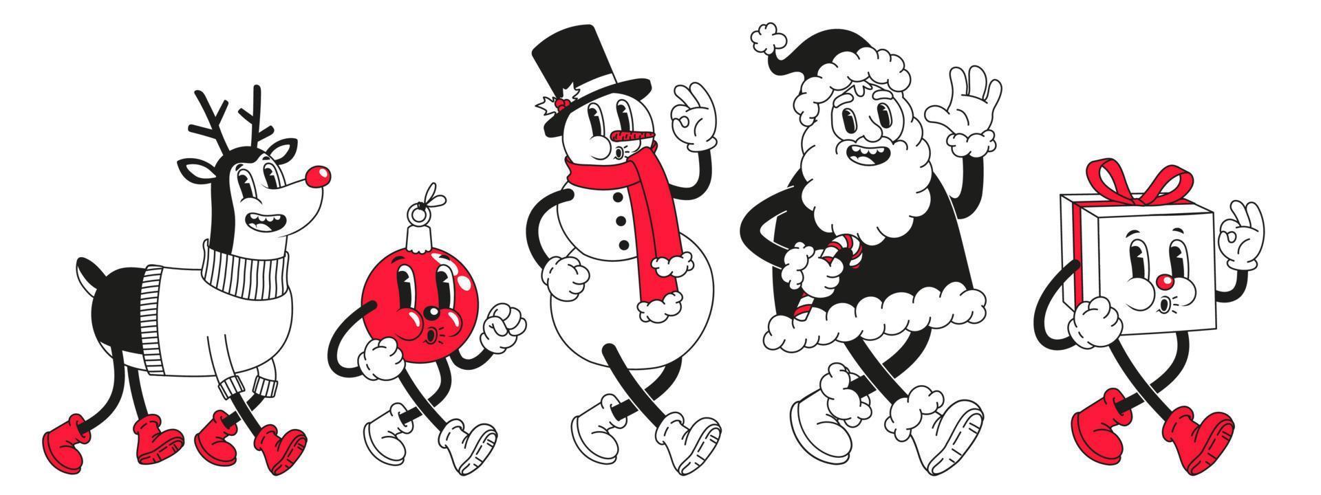 weihnachtszeichentrickfiguren. lustiger schneemann, weihnachtsmann im trendigen retro-cartoon-stil. vektor