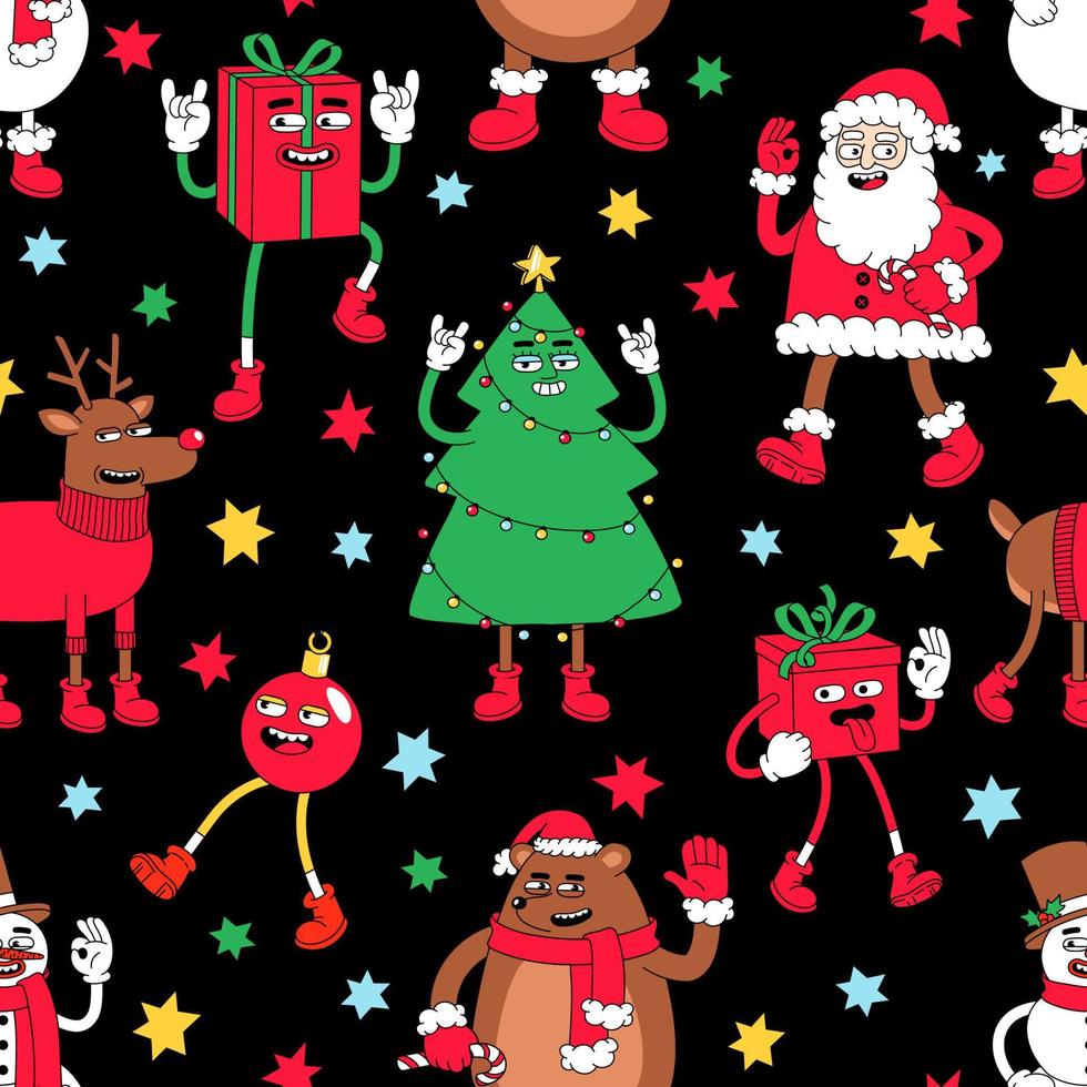 jul tecknad serie sömlös mönster med rolig snögubbe, ren, santa claus, jul träd, gåva. vektor
