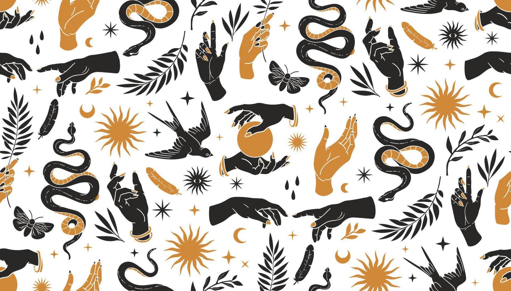 Boho mystisches nahtloses Muster mit Händen, Schlangen, Mond, Sonne, Vogel, Motte und floralen Elementen im trendigen Tattoo-Stil. vektor