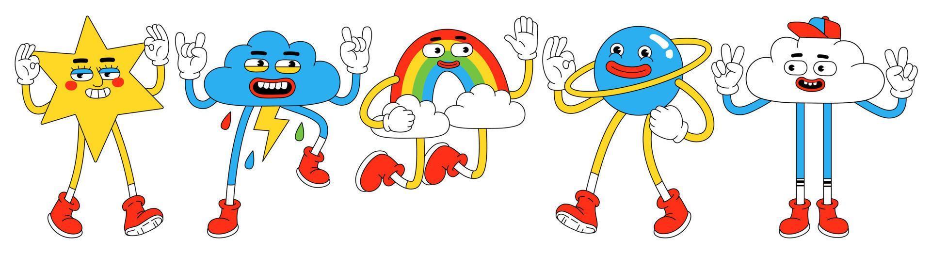 lustige charaktere im trendigen retro-cartoon-stil. Stern, Planet, Regenbogen und Wolke. vektor