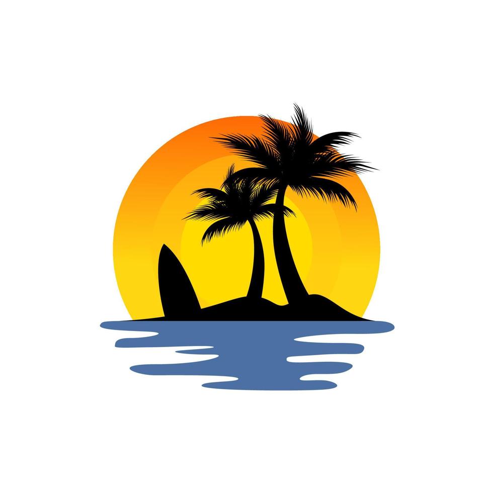 ön logotyp design med kokospalmer och solnedgång vektor