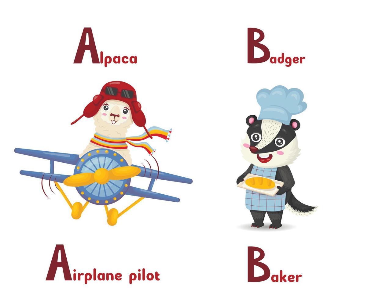 lateinisches alphabet abc tierberufe beginnend mit einem alpaka-luftpiloten und einem buchstaben-bb-dachsbäcker im karikaturstil. vektor