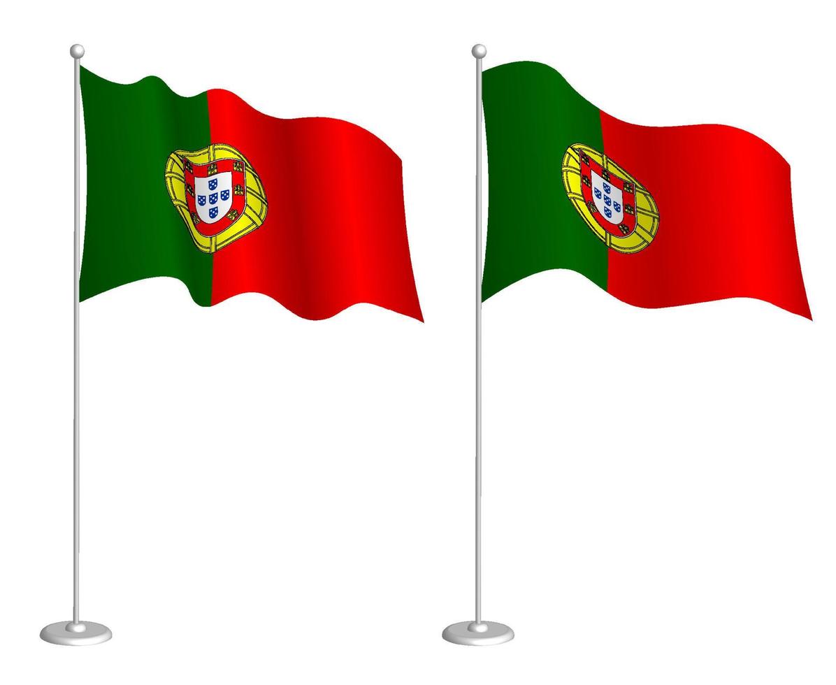 Portugal-Flagge am Fahnenmast weht im Wind. Urlaubsgestaltungselement. Kontrollpunkt für Kartensymbole. isolierter Vektor auf weißem Hintergrund