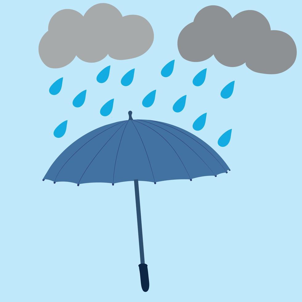 blauer Regenschirm mit Regentropfen und grauen Wolken auf blauem Hintergrund. Karte. flacher Stil. Vektor. vektor