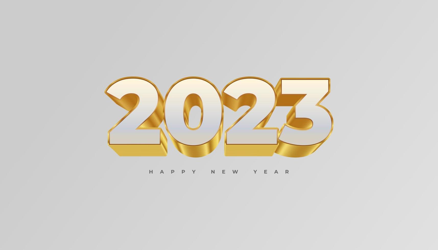 frohes neues jahr 2023 mit weißen und goldenen 3d-zahlen isoliert auf weißem hintergrund. neujahrsdesign für banner, poster und grußkarte vektor