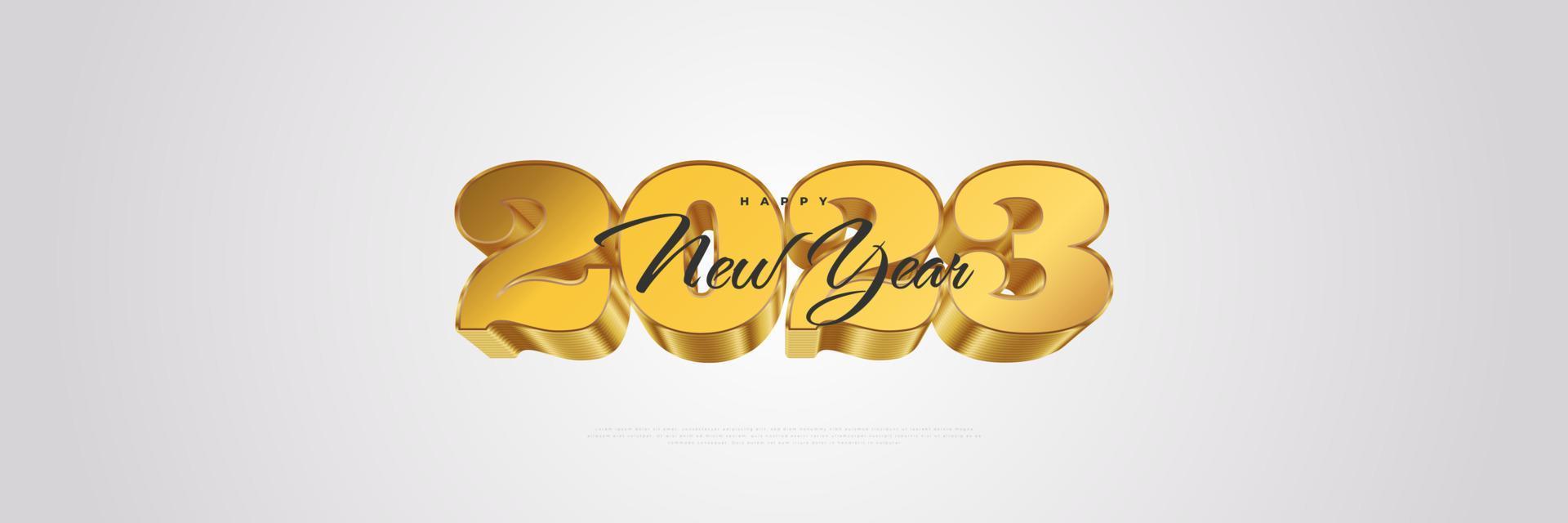 Frohes neues Jahr 2023 mit 3D-Goldzahlen isoliert auf weißem Hintergrund. neujahrsdesign für banner, poster und grußkarte vektor