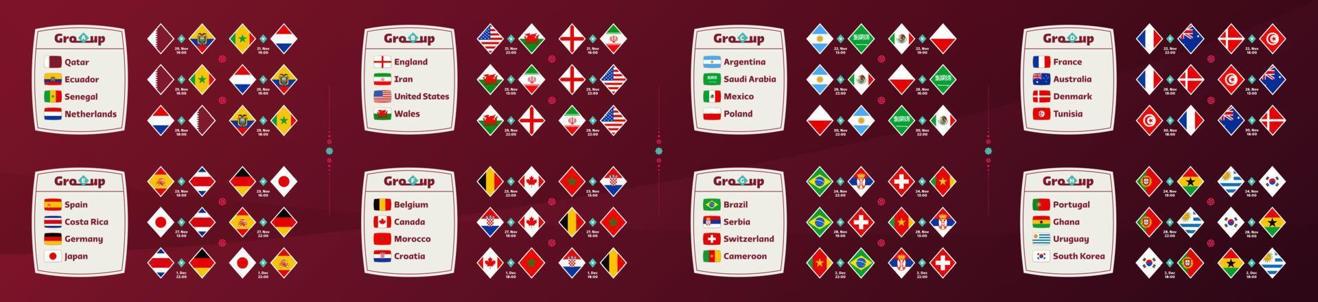 värld fotboll 2022 grupper och tändstickor. nationell team schema match i de slutlig skede på de 2022 fotboll värld mästerskap. vektor illustration av värld fotboll tändstickor