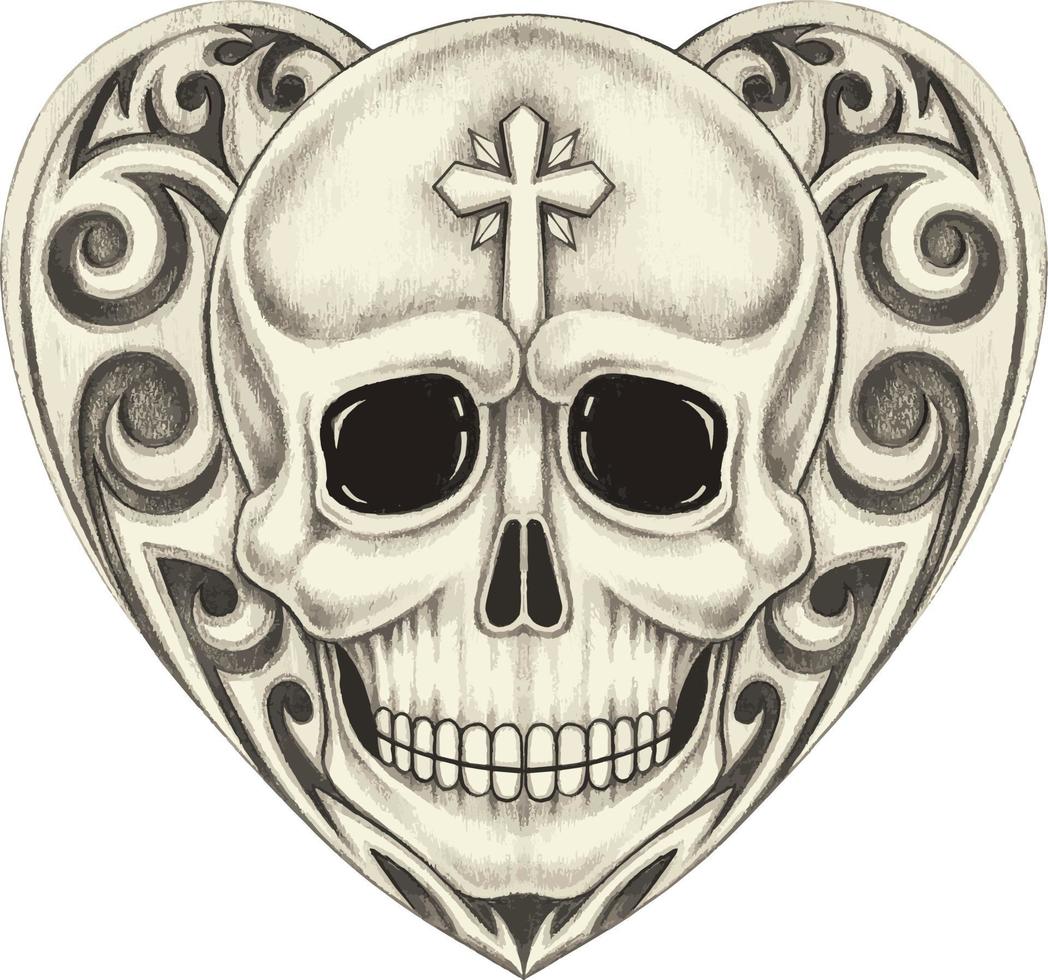 Art Vintage Heart Mix Skull Tattoo. handzeichnung und grafikvektor machen. vektor