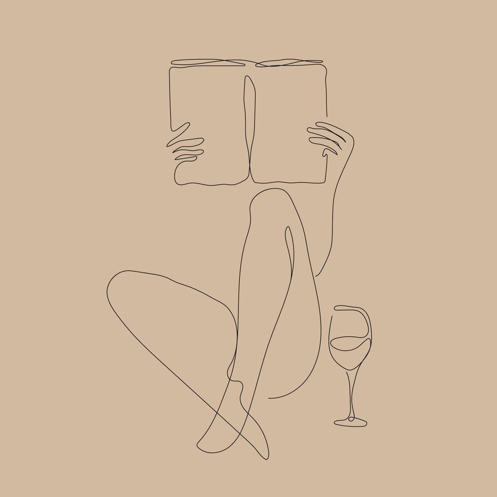 ben och bok och glas av vin. linje stil. Allt element är isolerat vektor