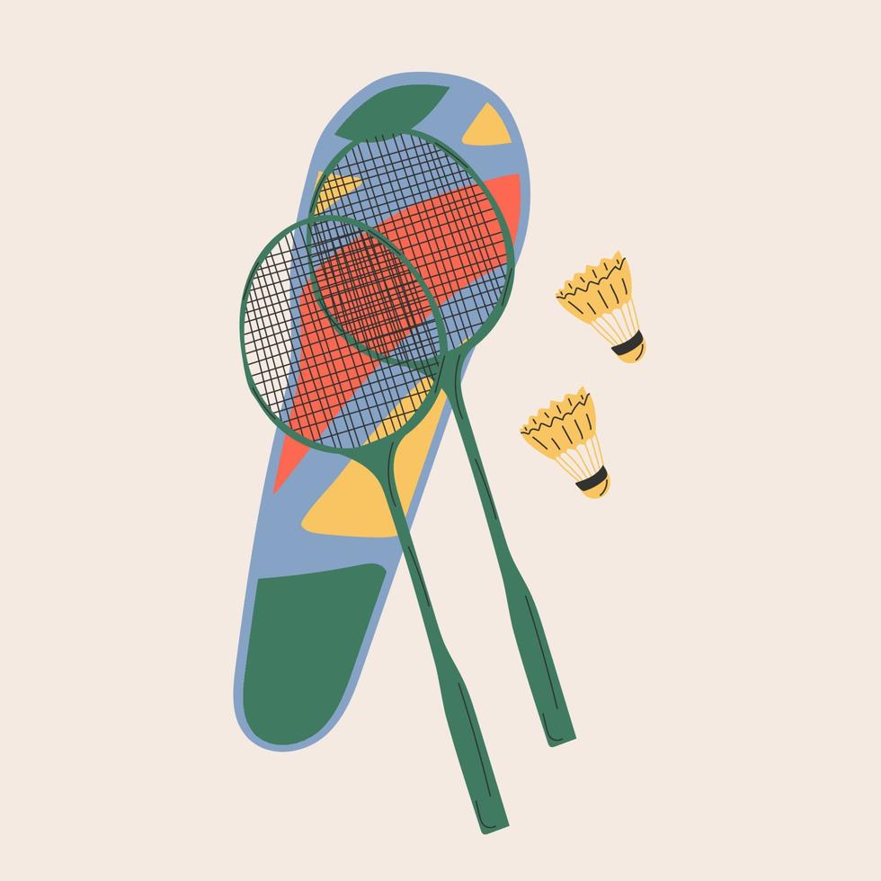 badminton racket och badmintonbollar på vit bakgrund. utrustning för badminton spel sport. vektor illustration