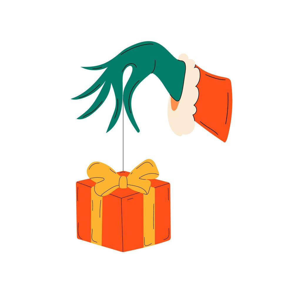 Grinchs Hand stiehlt ein Weihnachtsgeschenk. Vektor auf lokalisiertem Hintergrund, Ikonenvektor, Klippkunstvektor, Hand gezeichnet