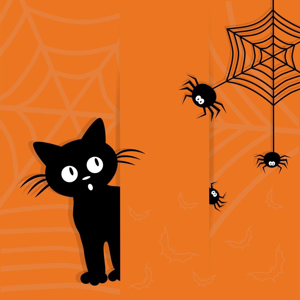 glückliche Halloween-Postkarte. süßes schwarzes kätzchen hat angst vor einer spinne. Cartoon-Stil und Papierschnitt-Stil. vektor