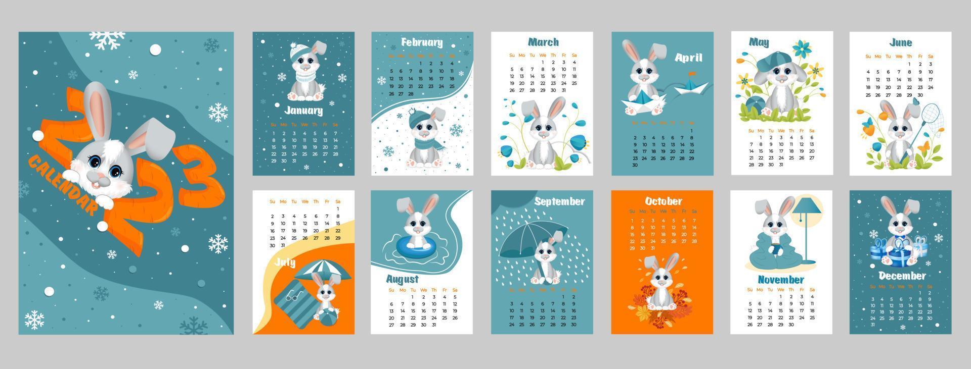 kalender 2023 med symbol av de år hare eller kanin. söt liten hare eller kanin i tecknad serie stil. vecka börjar på söndag. vektor