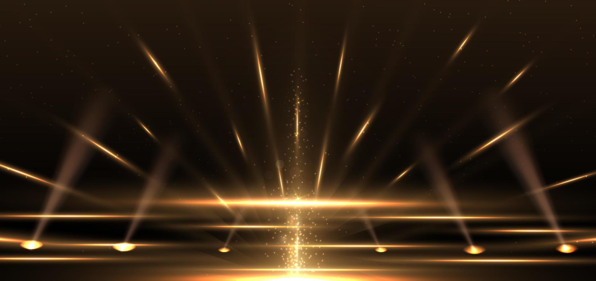 elegante goldene bühne, die vertikal mit lichteffekten auf schwarzem hintergrund leuchtet. vektor