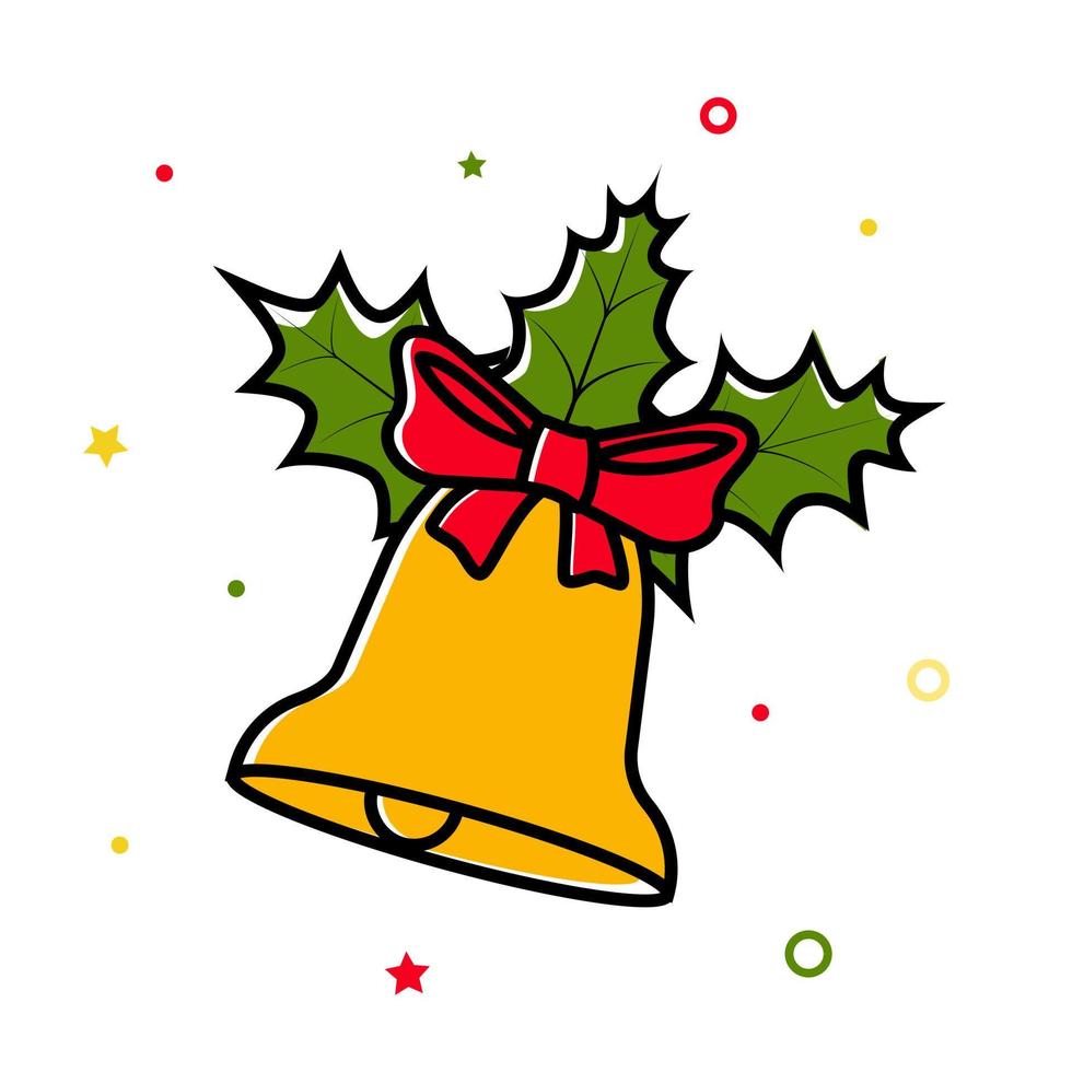 farbiges Weihnachtsglockensymbol mit roter Schleife und grünen Stechpalmenblättern. grußkarte für weihnachten, neujahr. flache Designelemente. vektor