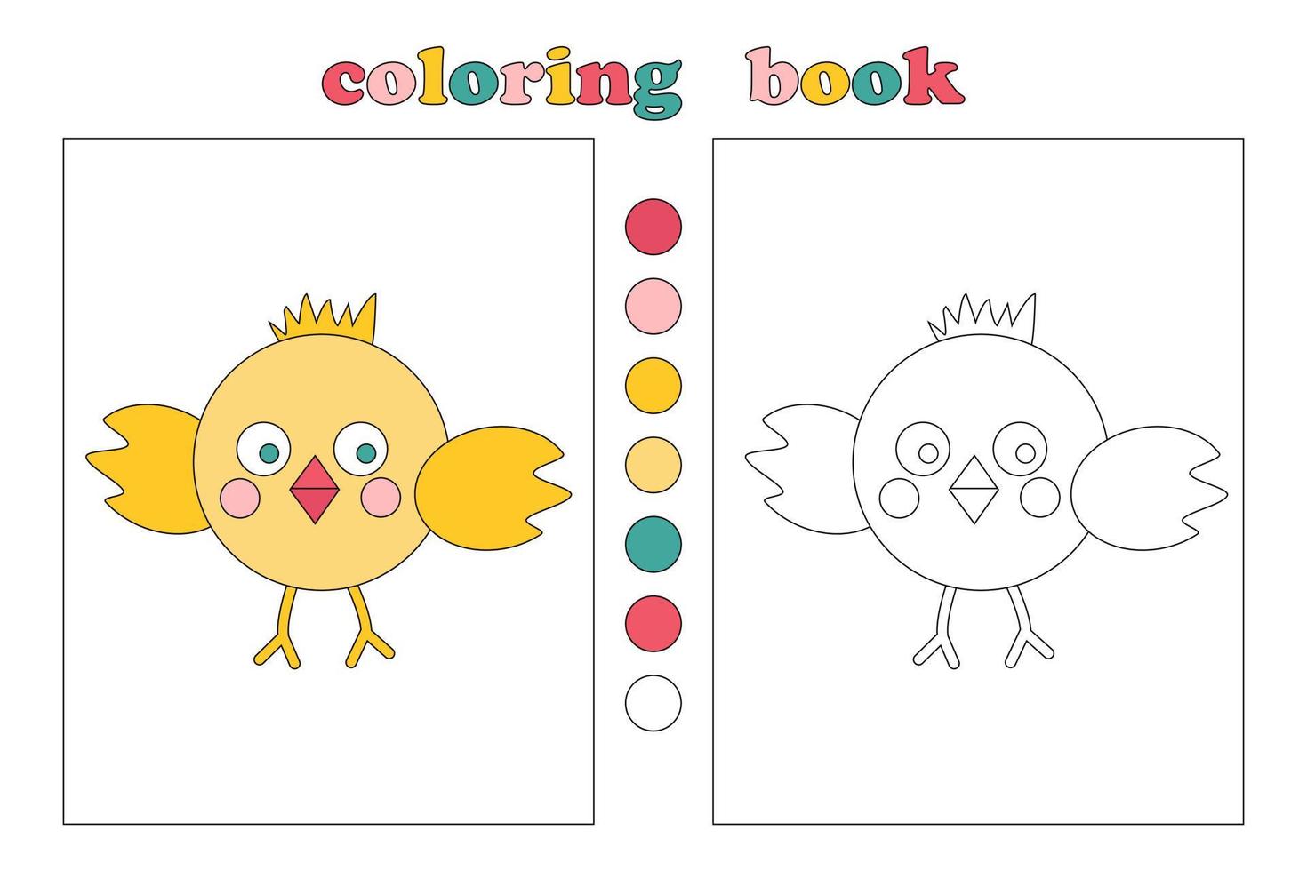 Malbuch für Kinder, Malseite mit kleinem gelben Huhn. Cartoon-Illustrationen mit Bildunterschriften und Farbmustern. Wir zeichnen und spielen mit Kindern. Erziehung von Kindern vektor