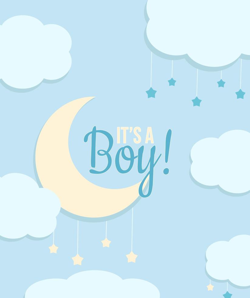 es ist eine Jungen-Babypartykarte mit einem Mond und Wolken mit Sternen auf dem blauen Hintergrund vektor