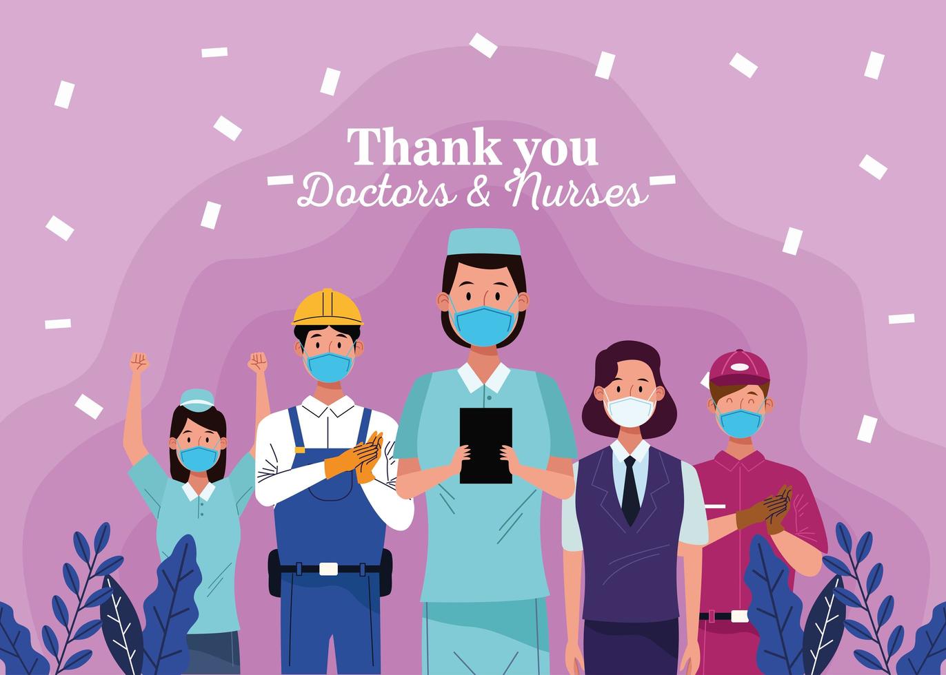 grupp arbetare som bär masker med tack till läkare och sjuksköterskor meddelandet vektor