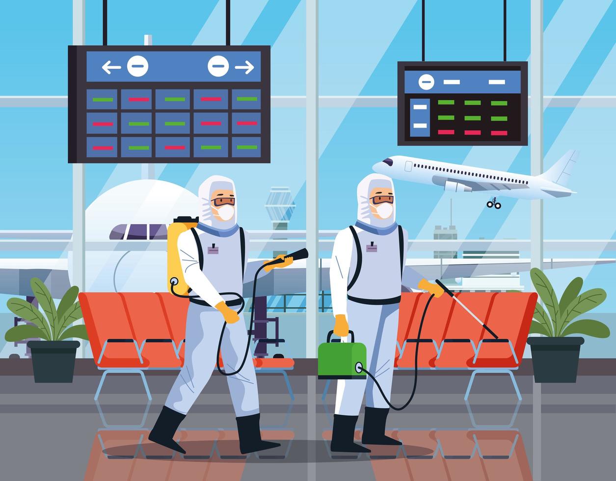 Zwei Biosicherheitsarbeiter desinfizieren den Flughafen vektor