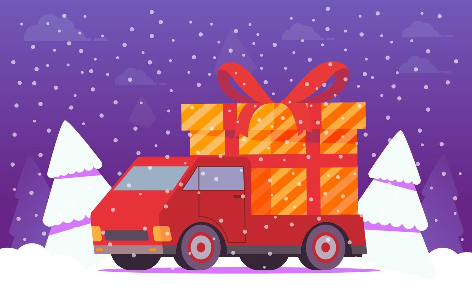 leverans lastbil med gåva låda. vinter- landskap med snöig gran träd.faller snö.vektor platt illustration.fordon sida se. vektor