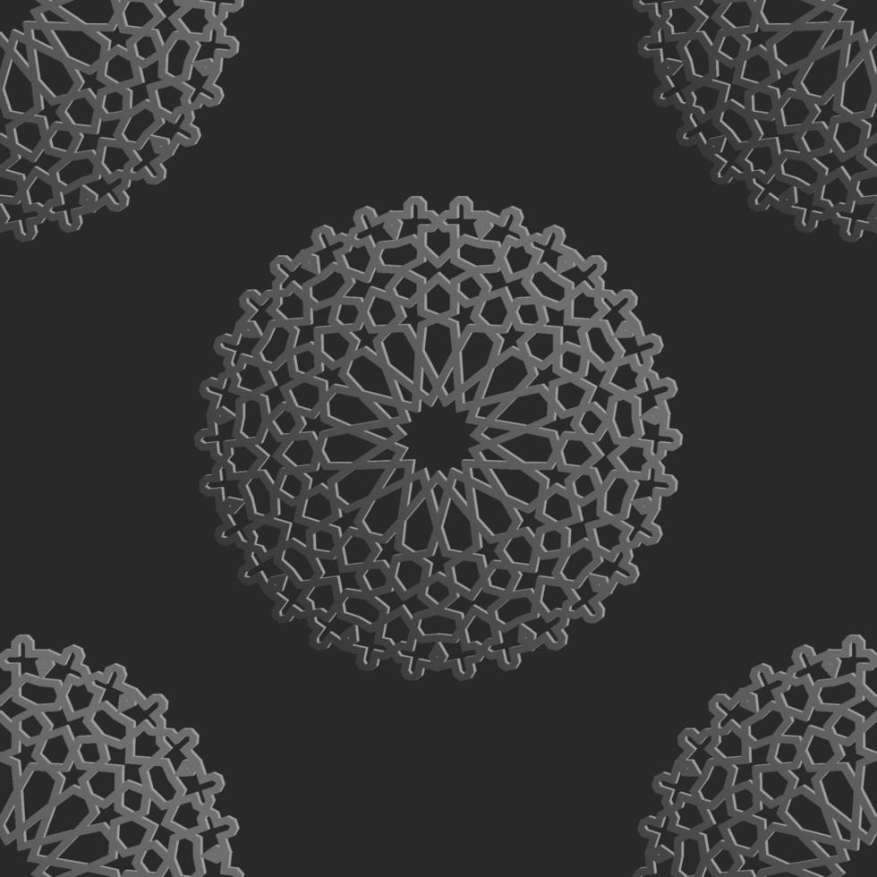 Nahtloses islamisches Muster mit radialem Ornament im marokkanischen Stil. metallisches Muster auf dunklem Hintergrund. abstrakter geometrischer Ornamentvektor. vektor