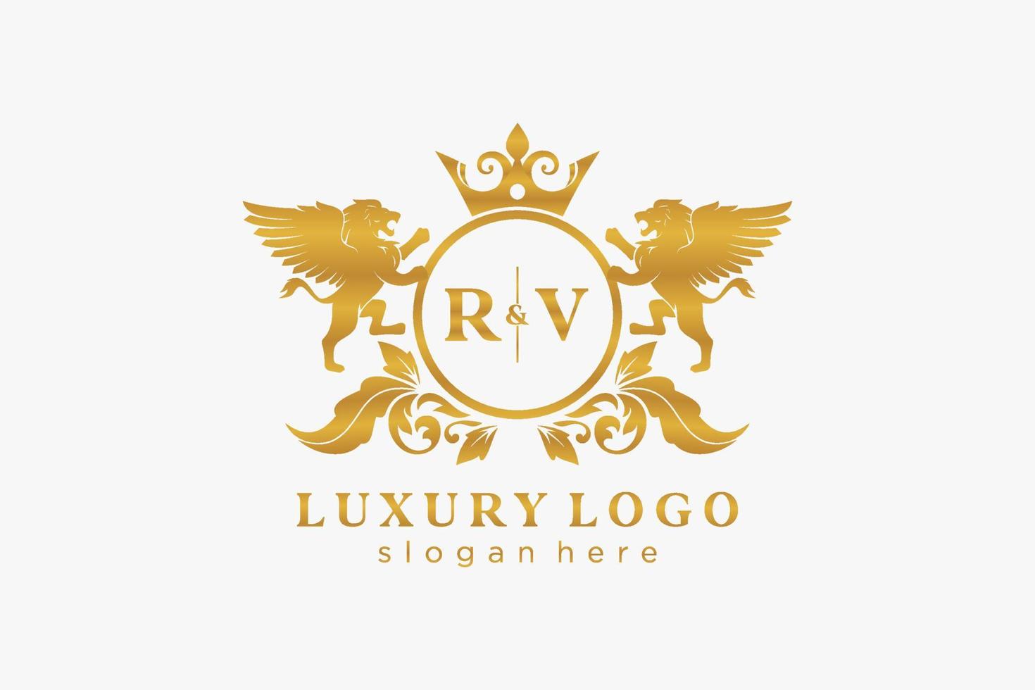 första rv brev lejon kunglig lyx logotyp mall i vektor konst för restaurang, kungligheter, boutique, Kafé, hotell, heraldisk, Smycken, mode och Övrig vektor illustration.