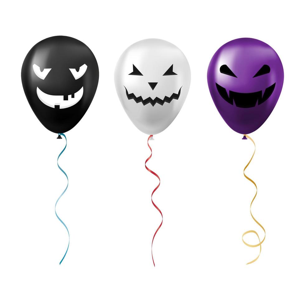 Set aus schwarzen, weißen und violetten Halloween-Luftballons mit gruseligen und lustigen Gesichtern vektor