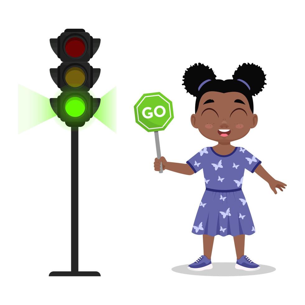 flicka med en tecken till gå. de trafik ljus visar en grön signal vektor