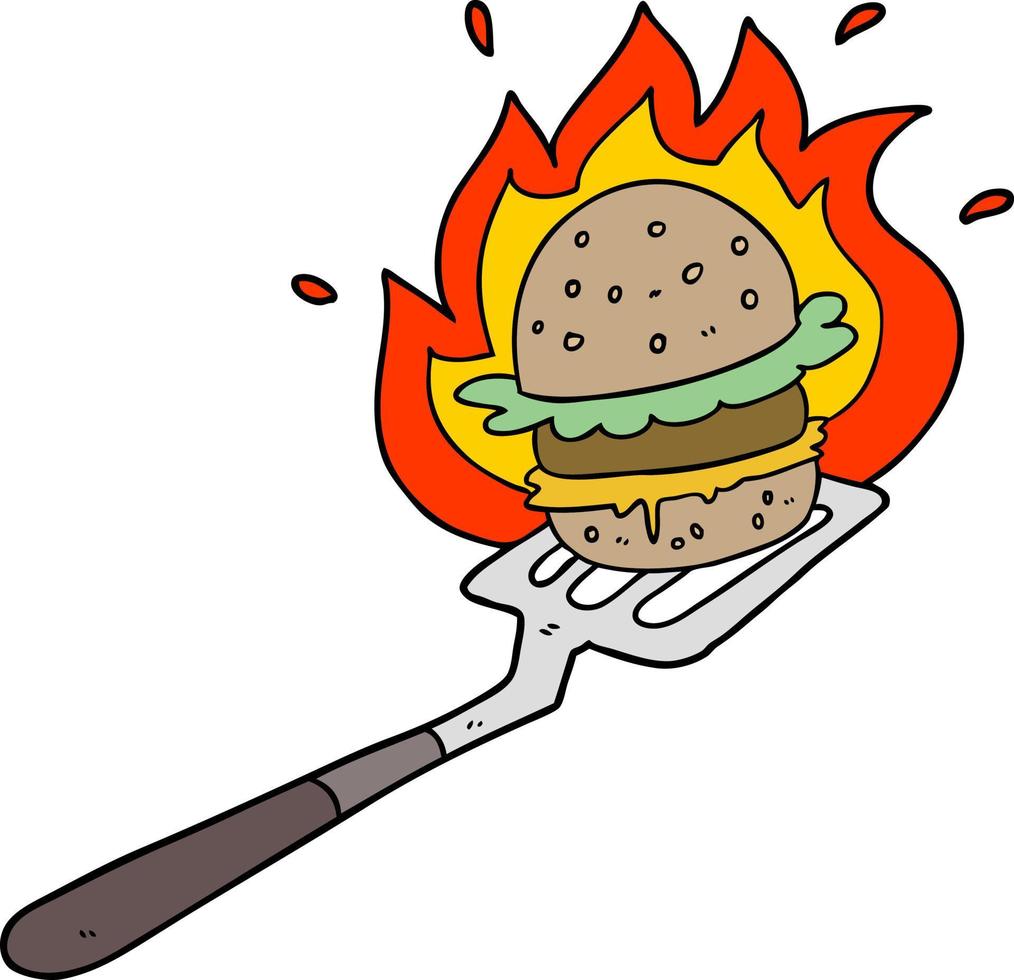 tecknad serie flammande burger på spatel vektor