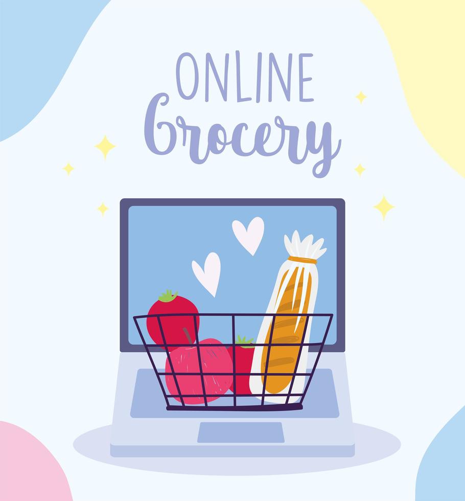 Online-Lebensmitteleinkauf über Laptop-Banner-Vorlage vektor