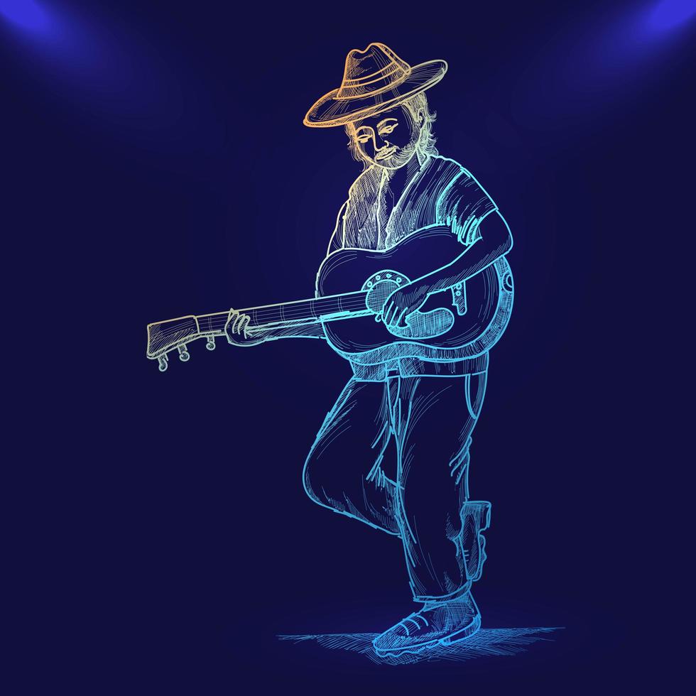 Hand gezeichnete Neon-Skizze für Mann Gitarrenspieler blauen Hintergrund vektor