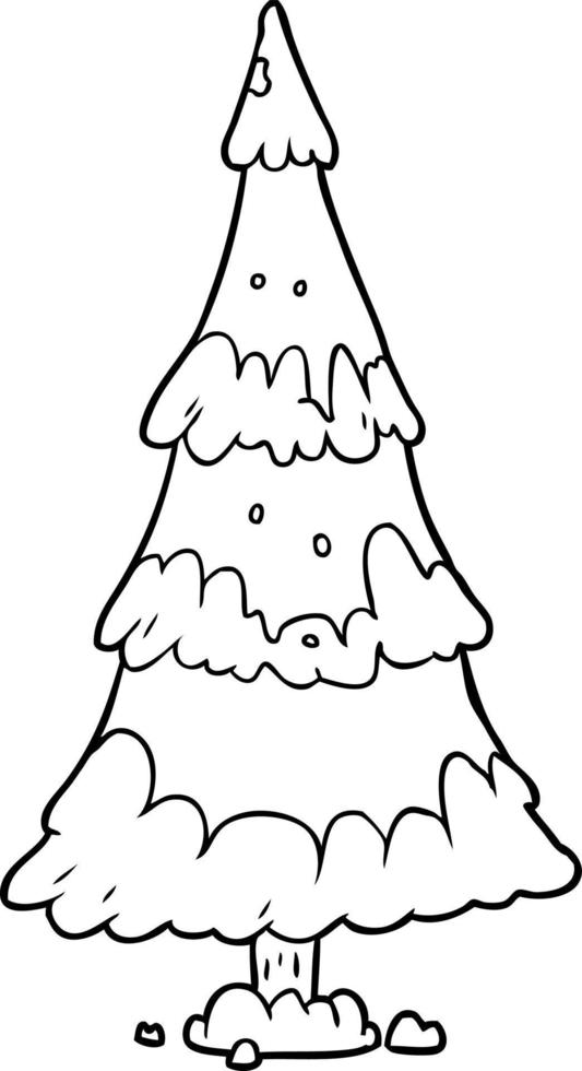 linje teckning av en snöig jul träd vektor