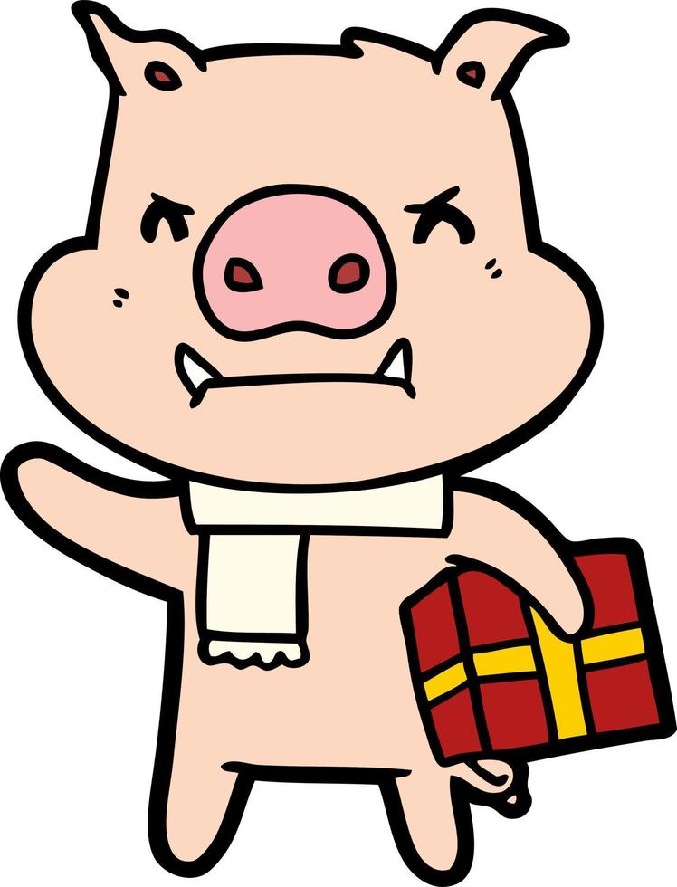 arg tecknad serie gris med jul gåva vektor